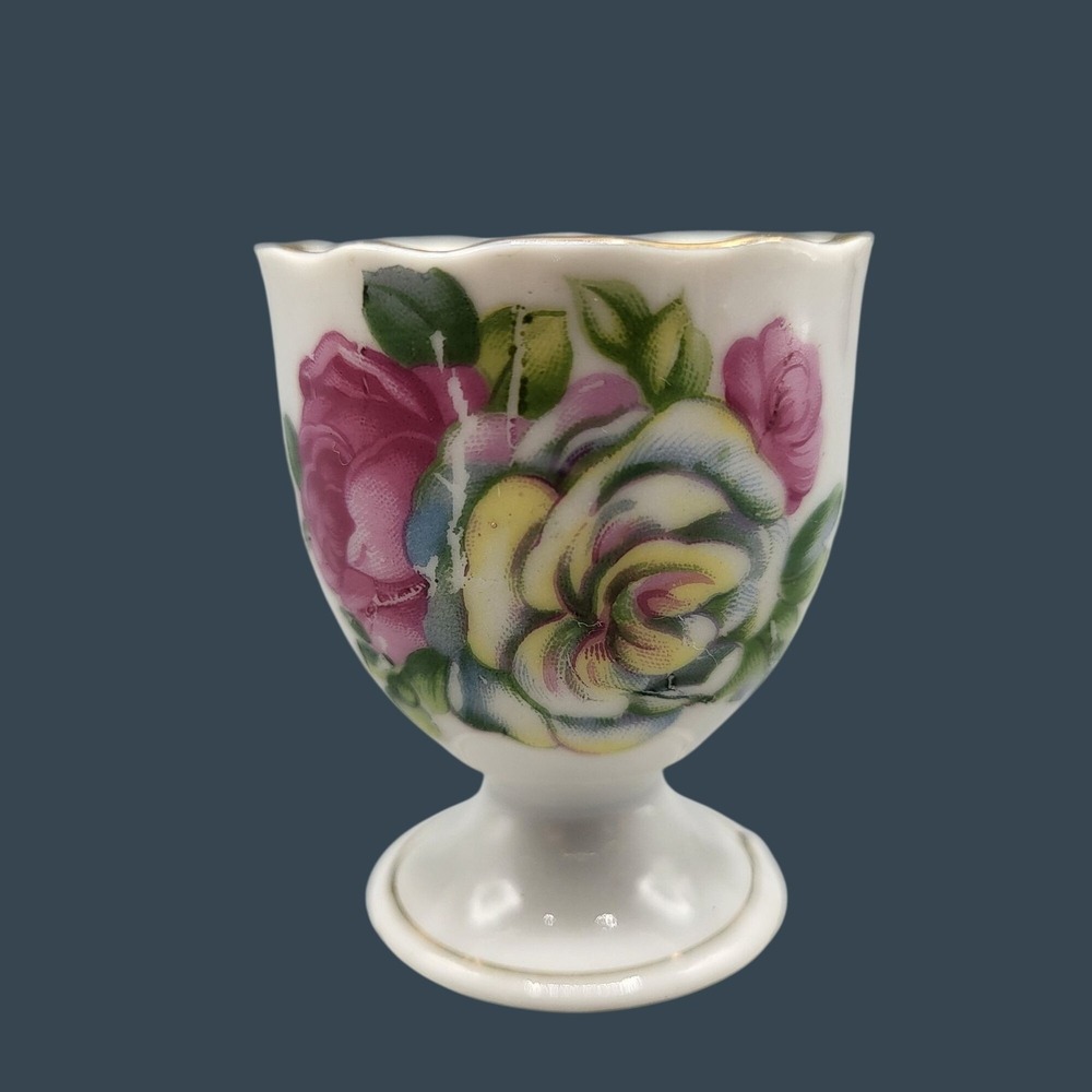 Vintage Floral Porcelain Egg Cup Pink Yellow Rose Scalloped Gold Rim 2.25"